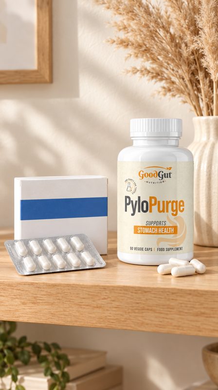 A bottle of GoodGut PyloPurge next to a box of acid pills and a blister pack