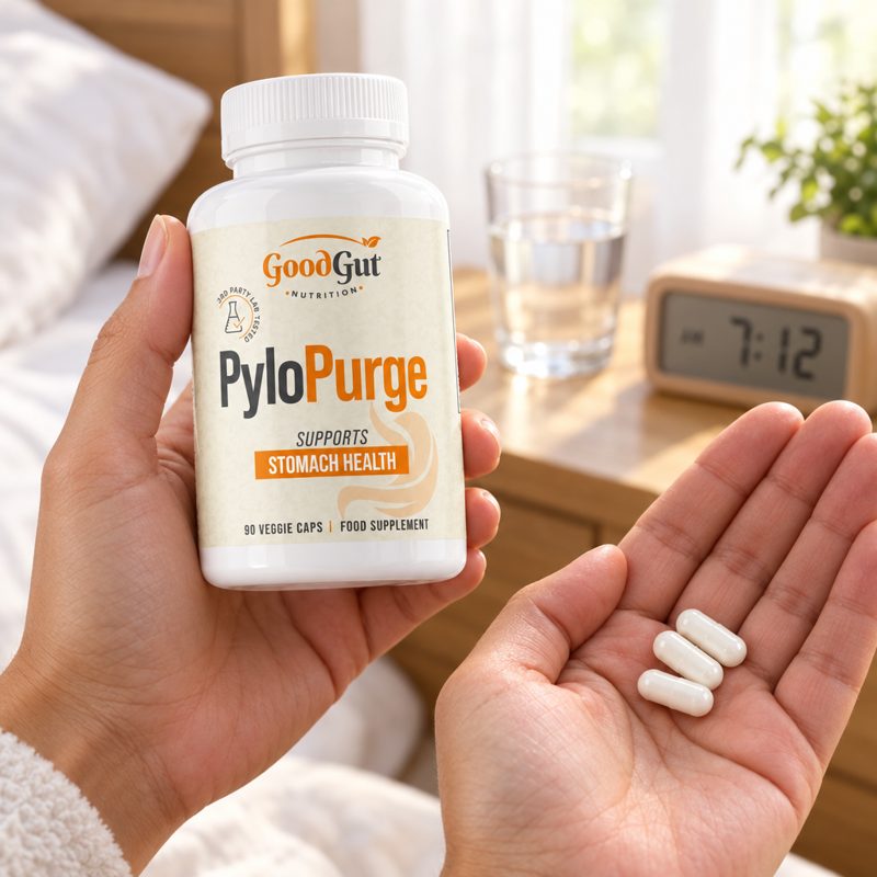 Hand holding a bottle of GoodGut PyloPurge and three capsules by the bed