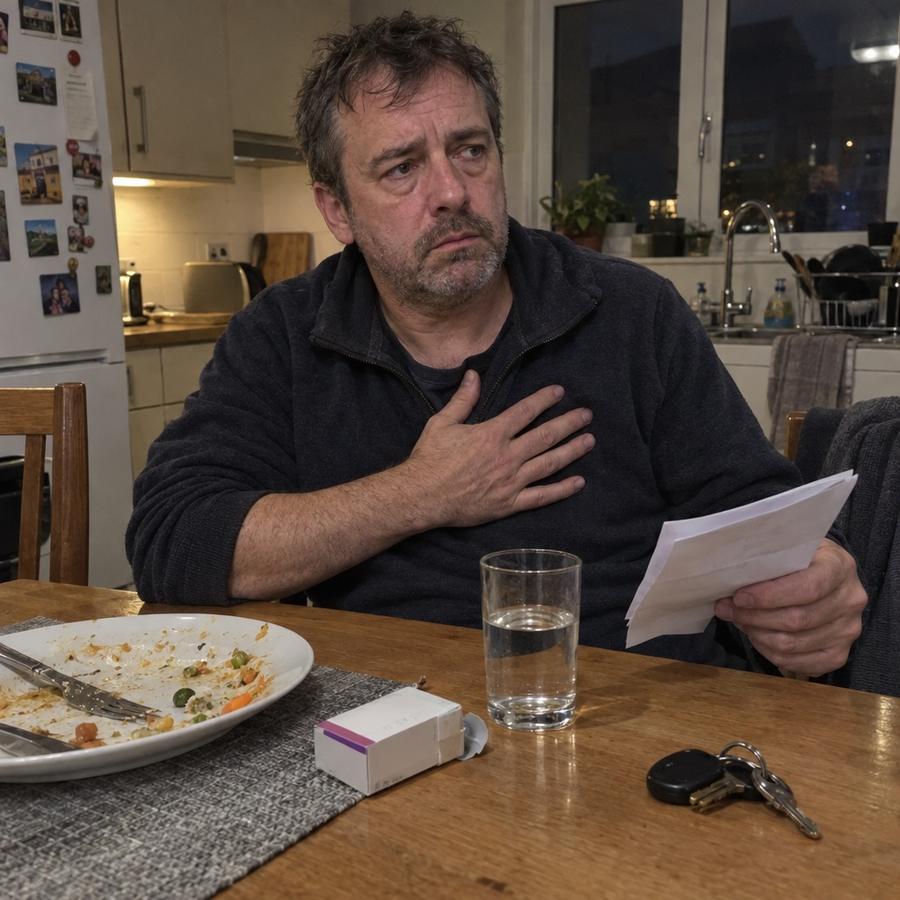 Man at the kitchen table holding his chest, with a hospital letter and a box of omeprazole