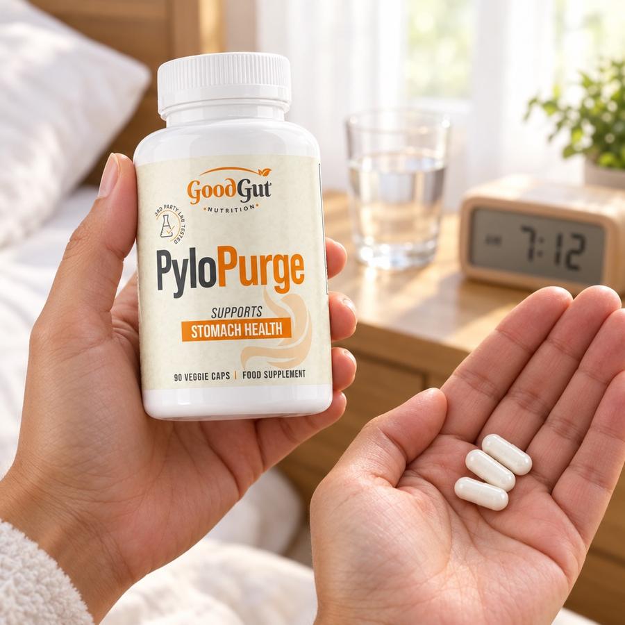 Hand holding a bottle of GoodGut PyloPurge and three capsules beside a bedside glass of water
