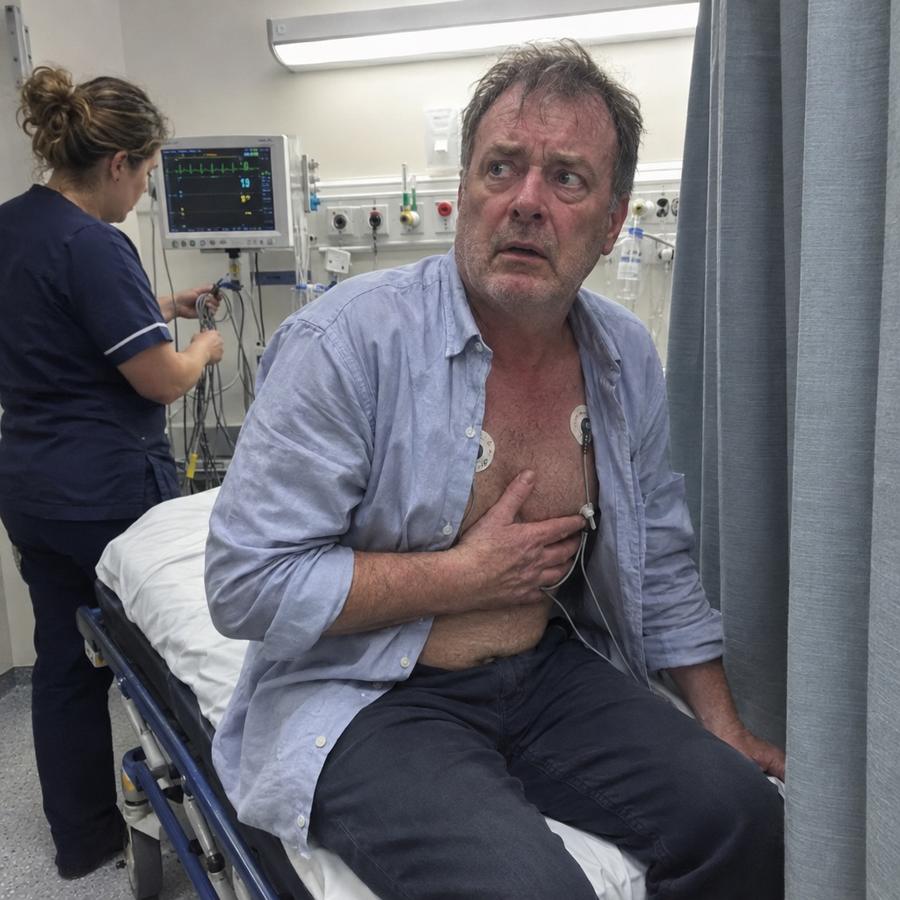 Man in A&E with ECG pads on his chest, holding his breastbone
