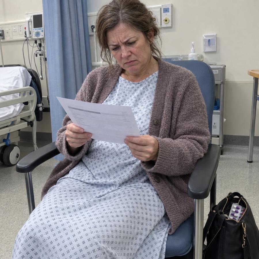 Woman in a hospital gown frowning at her endoscopy results