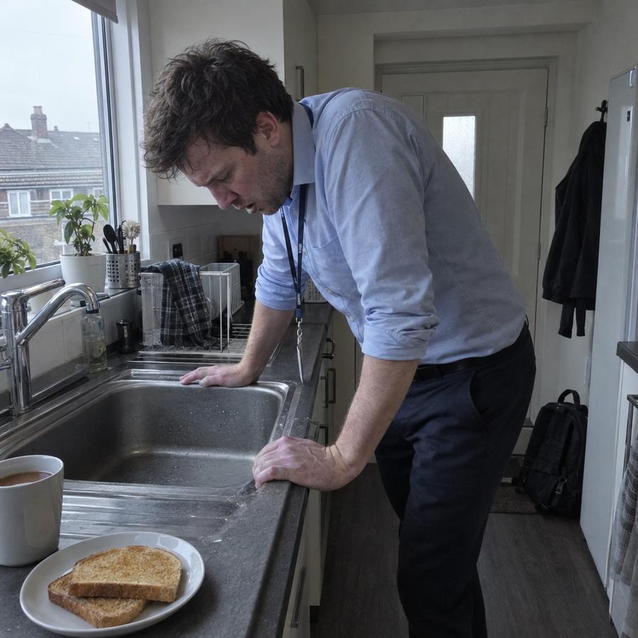 Pale man leaning over the kitchen sink, feeling sick before work